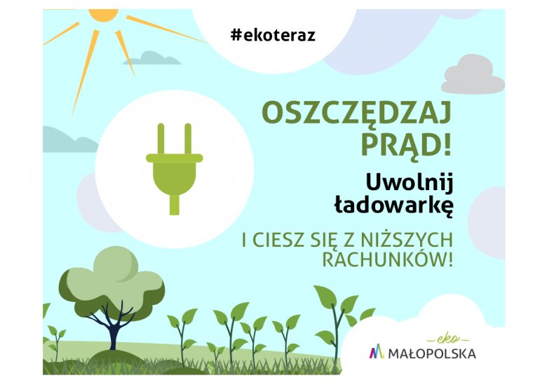 Grafika z symbolami drzew i krzewów oraz słońcem i napisem "Oszczędzaj prąd"