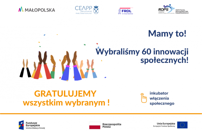 Infografika przedstawiająca klaszczące dłonie i napis "Mamy to! Wybraliśmy 60 innowacji społecznych!" oraz logotypami podmiotów odpowiedzialnych za realizację projektu oraz partnerów