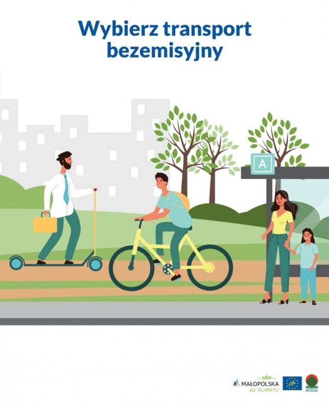 Grafika ilustrująca temat: ludzie na przystanku, rowerze i hulajnodze