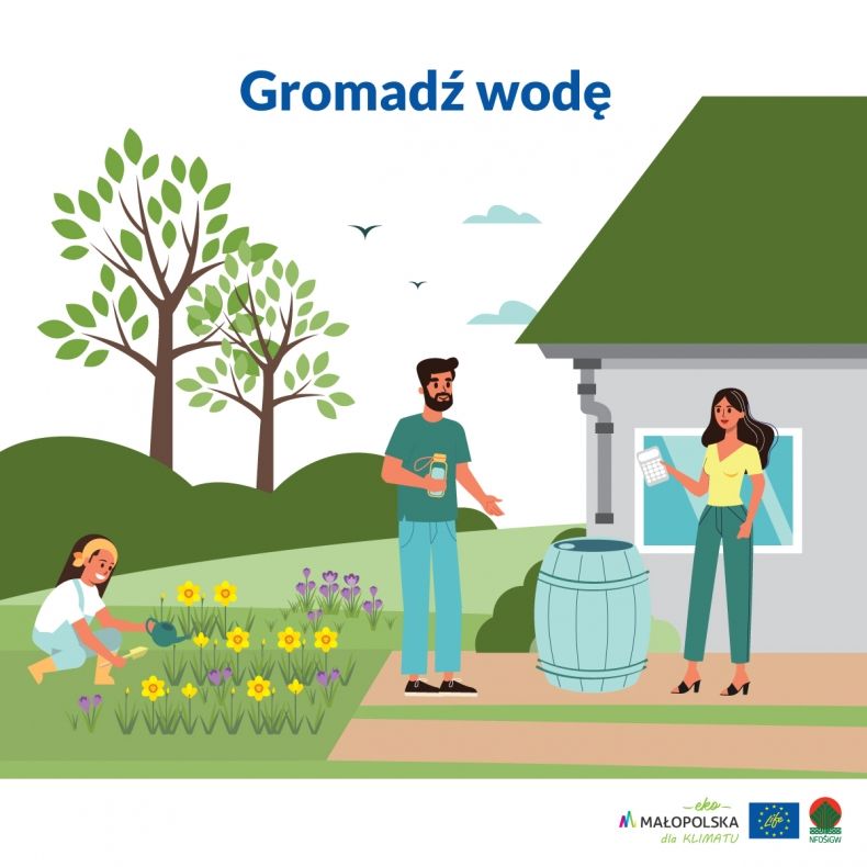 Infografika rodzina ustawia beczkę na deszczówkę