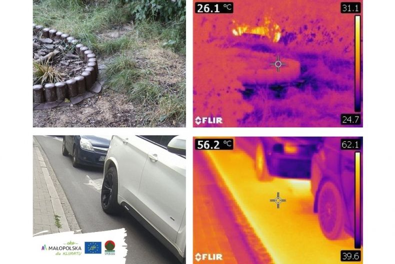 Zestawienie zdjęć pomiaru temperatury w miejscu zacienionym i w słońcu ze zdjęciami z kamery termowizyjnej