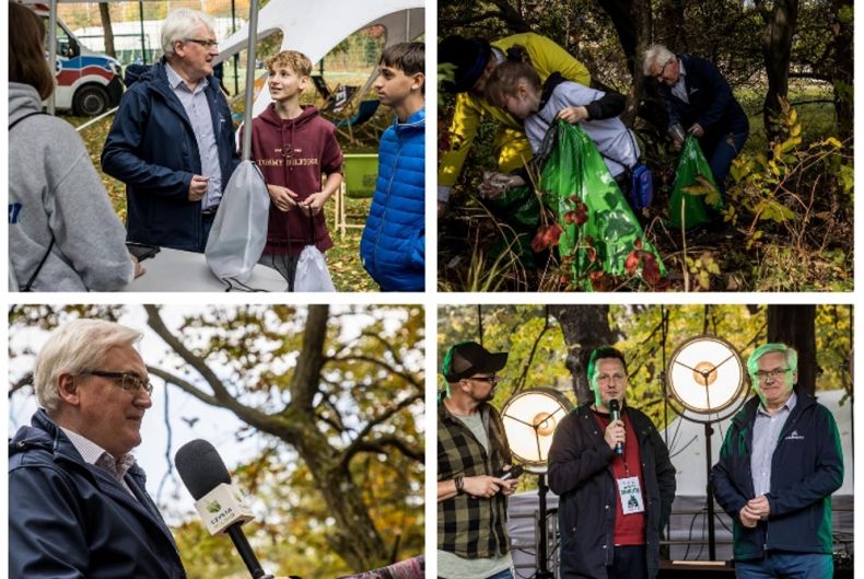 Kolaż z czterech zdjęć przedstawiających akcję sprzątania lasu