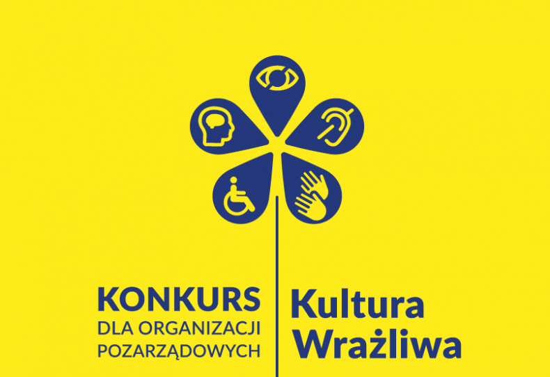 Niebieski kwiat na żółtym tle, z napisem "Kultura Wrażliwa" - konkurs dla organizacji pozarządowych
