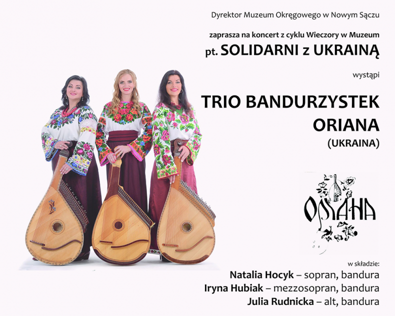 Baner z informacjami o koncercie. Z lewej strony fotografia trzech kobiet z instrumentami.