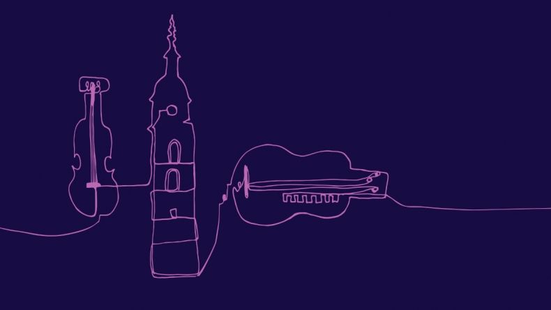 Grafika przedstawiająca instrumenty muzyczne i zarys kościoła