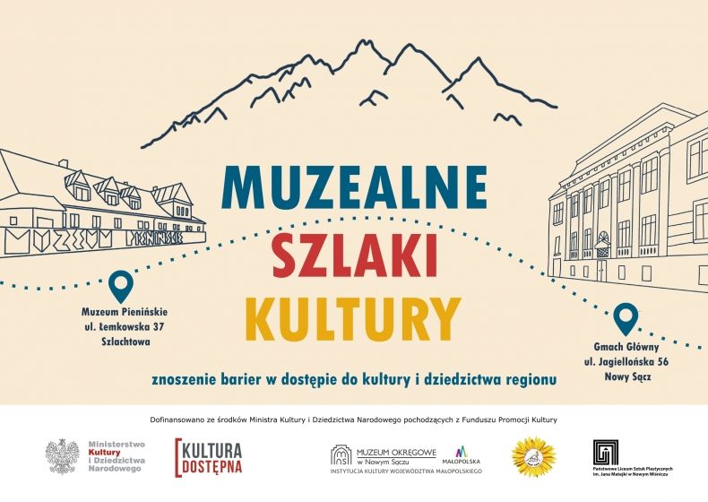 Plakat z informacjami o projekcie, w centralnej części napis wielkimi literami Muzealne szlaki kultury w kolorach niebieskim, czerwonym i żółtym wyżej w tle zarys gór, po bokach napisu zarys budynków muzealnych