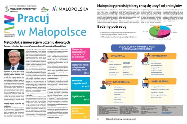 Wydruk pierwszej i drugiej strony nowego numeru kwartalnika "Pracuj w Małopolsce"