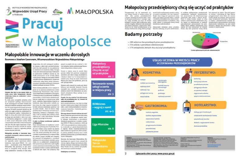 Wydruk pierwszej i drugiej strony nowego numeru kwartalnika "Pracuj w Małopolsce"