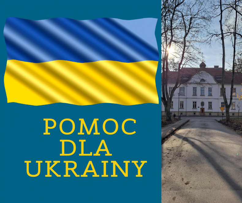 Po lewej widoczna flaga Ukrainy i napis o treści Pomoc dla Ukrainy. Po prawej zabytkowy gmach Szpitala Babińskiego otoczony drzewami.