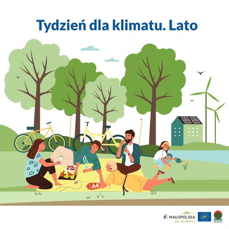 Grafika promocyjna akcji z ilustracją grupy osób w otoczeniu zieleni i napisem "Tydzień dla klimatu. Lato"