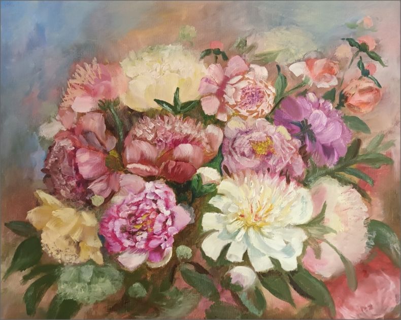 Obraz autorstwa Heleny Januś przedstawiający bukiet kolorowych kwiatów