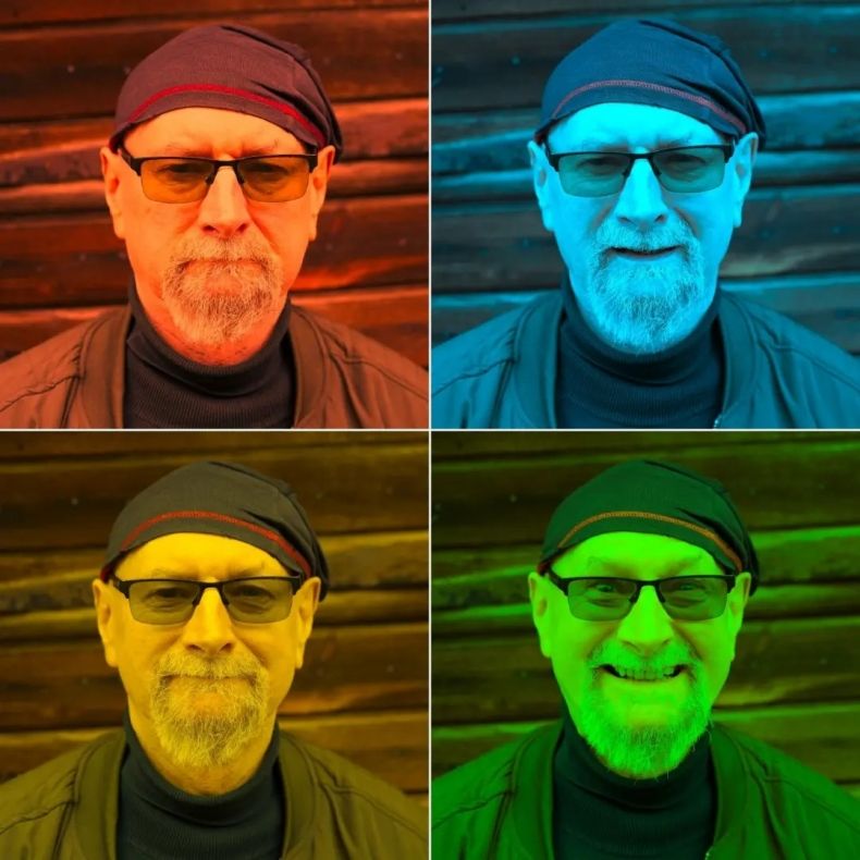 Cztery portrety ułożone w kwadrat. Mężczyzna z siwą brodą w okularach, na głowie ma chustkę - buff. Na każdym portrecie ma inny wyraz twarzy i zdjęcia ma inny kolorowy filtr.