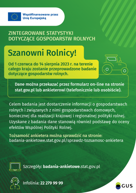 Plakat informujący o trwających badaniach gospodarstw rolnych przeprowadzanych przez Główny Urząd Statystyczny.