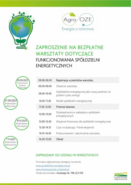 Plakat przedstawiający zaproszenie oraz program warsztatów dotyczących funkcjonowania spółdzielni energetycznych