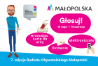 Grafika informująca o sposobach głosowania w budżecie obywatelskim:wrzucając kartę do urny, elektronicznie,listownie. Głosowanie trwa do 15 maja do 14 czerwca.