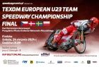 Plakat zawodów żużlowych w Krakowie, po prawej stronie widoczny motocykl na torze.