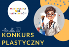 Na granatowym tle kolorowe różnej wielkości kółka. W największym chłopiec w fartuchu trzymający w ręce pędzle. Na środku na białym kółeczku hasło Małopolska Noc Naukowców, poniżej duże żółte litery Konkurs Plastyczny. Nad hasłem 3 białe logotypy.