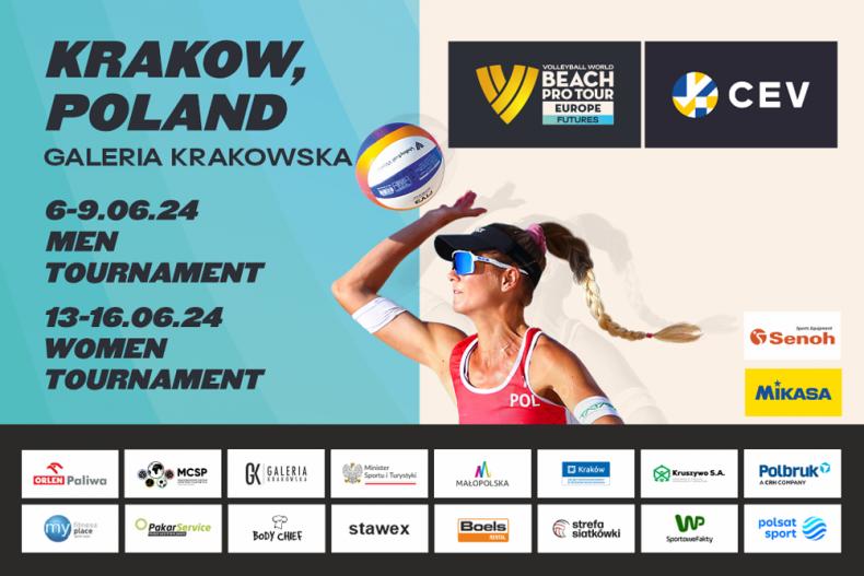 Plakat z siatkarką, która odbija piłkę.