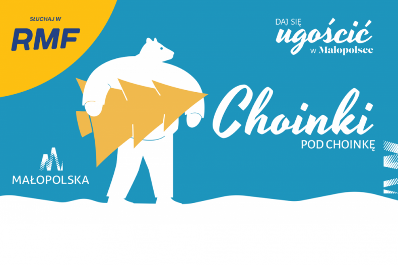 Grafika niedźwiedzia, który trzyma w łapie choinkę. Logo Małopolska, RMF i napis Choinki pod choinkę