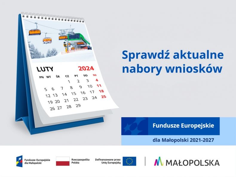Kalendarz z napisem Sprawdź aktualne nabory. Fundusze Europejskie dla Małopolski 2021-2027.