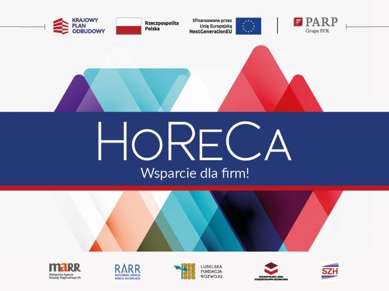 Plakat z napisem Horeca i logotypami