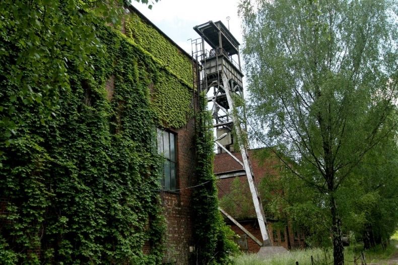 Obiekt poprzemysłowy otoczony zielenią. Widoczna metalowa konstrukcja wieży.