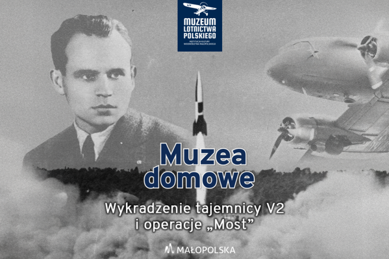 banner wystawy czasowej w Muzeum Lotnictwa Polskiego w Krakowie:Czarno-biały banner przedstawiający u dołu start rakiety V2. Po prawej u góry widać kadłub samolotu Dakota; po lewej u góry popiersie Antoniego Kocjana.