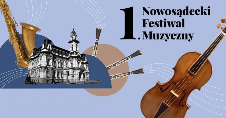 Baner z tytułem wydarzenia i grafiką przedstawiającą sadecki ratusz i instrumenty muzyczne