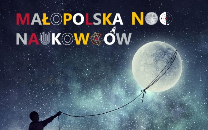 postać ciągnąca na nitce Księżyc,nad nią kolorowe hasło: "Małopolska Noc Naukowców