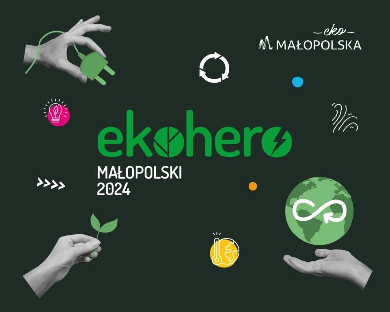 Baner z zielonym napisem Ekohero Małopolski 2024. Sylwetki dłoni i figury geometryczne.