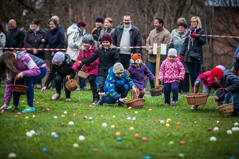 Na kolorowym zdjęciu dzieci podczas konkurencji zręcznościowej zbierania jajek do koszyczków porozkładanych na trawniku 