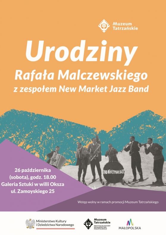 graficzne zaproszenie na urodziny Jacka Malczewskiego - w części centralnej sylwetki kilku osób 