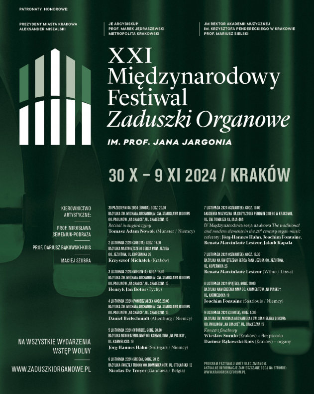Na zielonym tle nazwa festiwalu i program festiwalu
