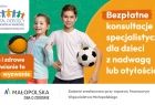 Baner promujący kampanię. Dwójka dzieci trzymająca piłki oraz hasło: Ruch i zdrowe odżywianie to moje wyzwanie, a obok dopisek - Bezpłatne konsultacje specjalistyczne dla dzieci z nadwagą i otyłością