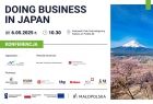 Plakat promujący konferencję "Doing business in Japan" na białym tle, po prawej stronie zdjęcie Fudżi, najwyższej góry Japonii, oraz drzewa kwitnącej wiśni.