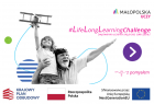 Plakat z napisem Małopolska Uczy. Starszy mężczyzna trzyma na rękach chłopca. Widoczny również stary samolot dwupłatowy.