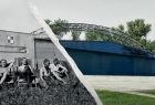 grafika przedstawiająca historyczne zdjęcie pilotów siedzących przed Hangarem 2 Pułku Lotniczego przedarte na pół - na drugiej połowie widać współczesne zdjęcie odbudowanego hangaru