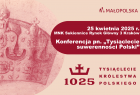Plakat promujący konferencję naukową pn. "Tysiąclecie suwerenności Polski". Po lewej stronie korona, po prawej informacje o miejscu i dacie konferencji.