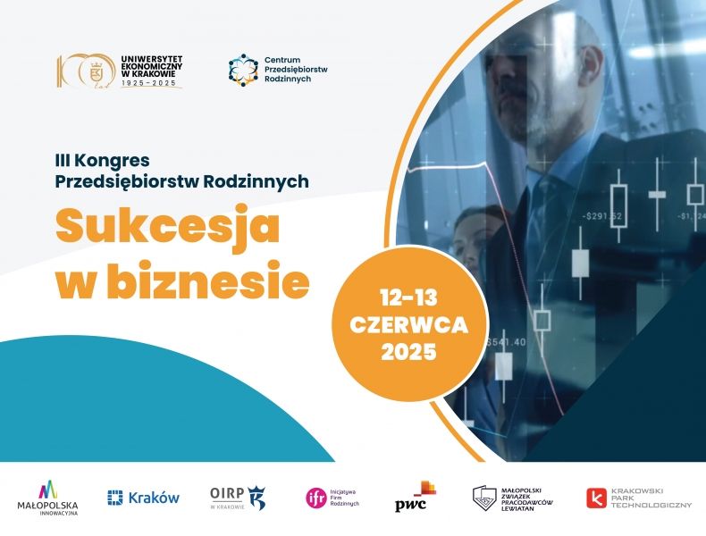 Grafika z żółtym hasłem "Sukcesja w biznesie" oraz datą wydarzenia. Po prawej stronie okrągłe zdjęcie mężczyzny- biznesmena.