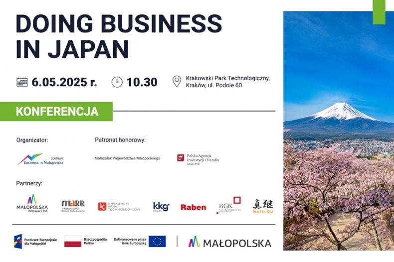 Plakat promujący konferencję "Doing business in Japan" na białym tle, po prawej stronie zdjęcie Fudżi, najwyższej góry Japonii, oraz drzewa kwitnącej wiśni.