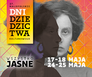 Kolorowy plakat zapraszający na 27. Małopolskie Dni W centralnej części plakatu widnieje portret kobiety, którego prawa strona jest czarno-biała, a lewa w o