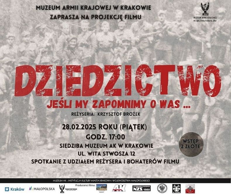 Afisz projekcji filmu "Dziedzictwo" w Muzeum AK w Krakowie