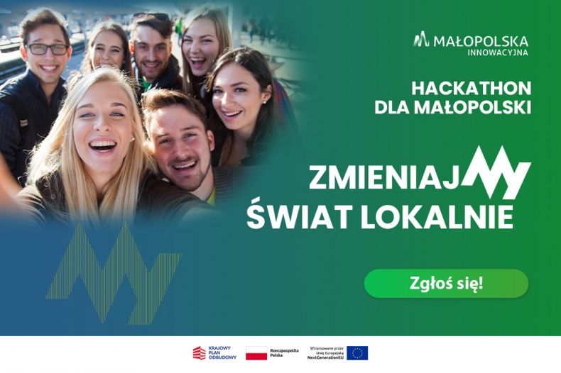 Kolorowa grafika przedstawiająca w lewym górnym rogu młodych radosnych ludzi. Po prawej białe litery i hasła zachęcające do udziału w hackathonie dla Małopolski