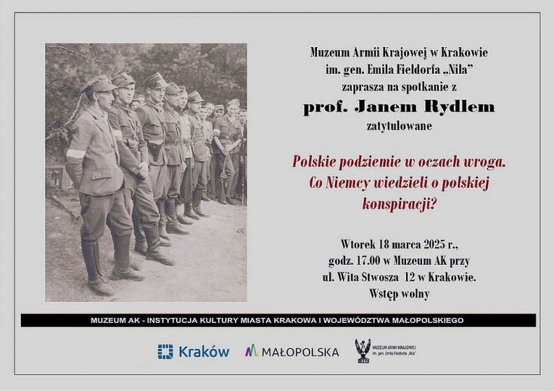 Plakat spotkania z prof. Janem Rydlem w Muzeum AK