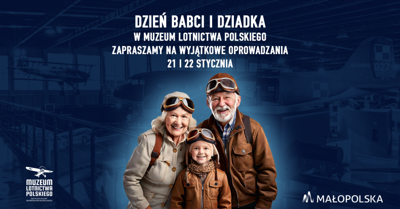 Babcia i Dziadek wraz z wnukiem gotowi na zwiedzanie Muzeum Lotnictwa Polskiego w Krakowie