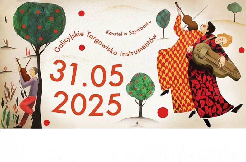 Grafika do Galicyjskiego Targowiska Instrumentów, dwie postaci bajkowe z instrumentami muzycznymi, trzecia postać za drzewem