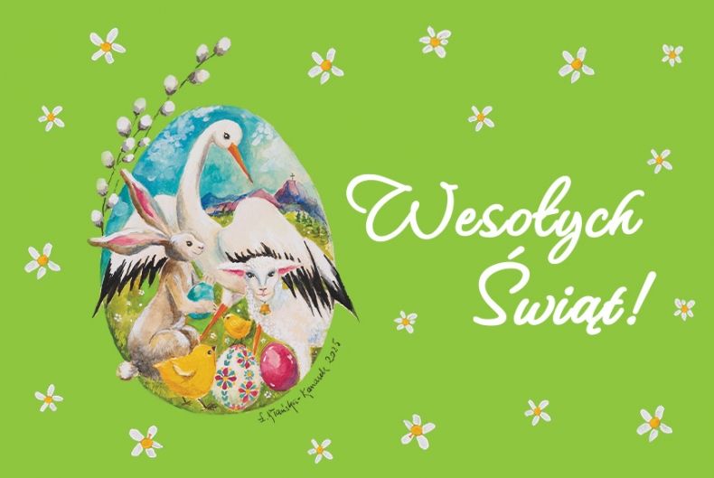 Na zielonym tle napis Wesołych Świąt plus jajko wielkanocne