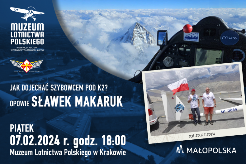 grafika wydarzenia ze zdjęciem Sebastiana Kawy i Sławka Makaruka, widokiem na K2 z kabity szybowca, logotypami Muzeum Lotnictwa Polskiego i Aeroklubu Krakowskiego i datą i godziną wydarzenia