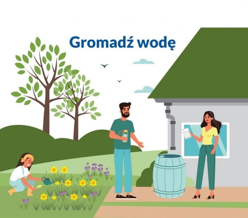 Grafika z napisem Gromadź wodę przedstawiającą rodzinę przed domem.