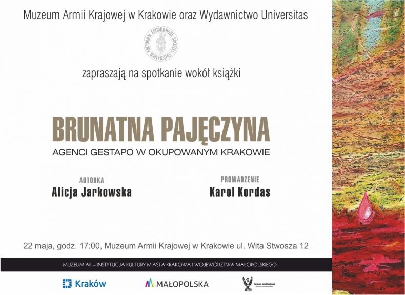 Plakat spotkania w Muzeum AK w Krakowie wokół książki "Brunatna pajęczyna".